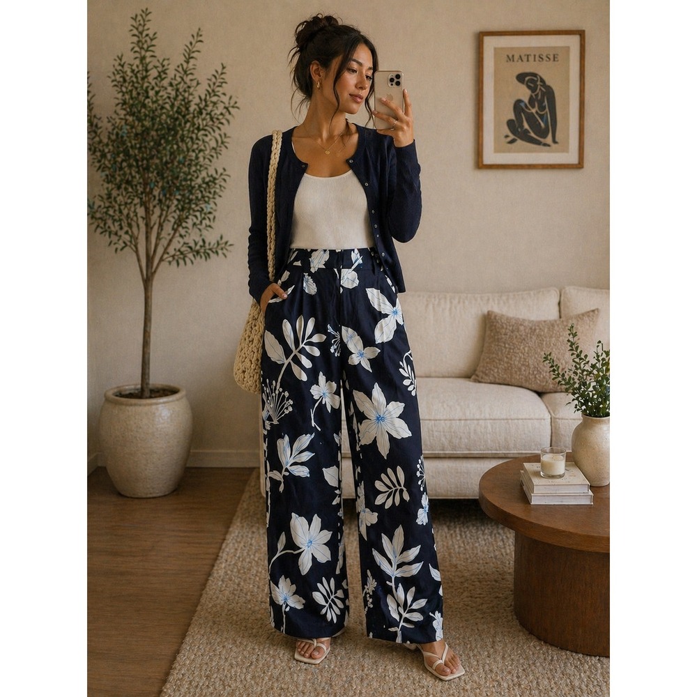 Christian Wijnants Black Floral Cotton Silk Straight Leg Pants Trousers Size 38